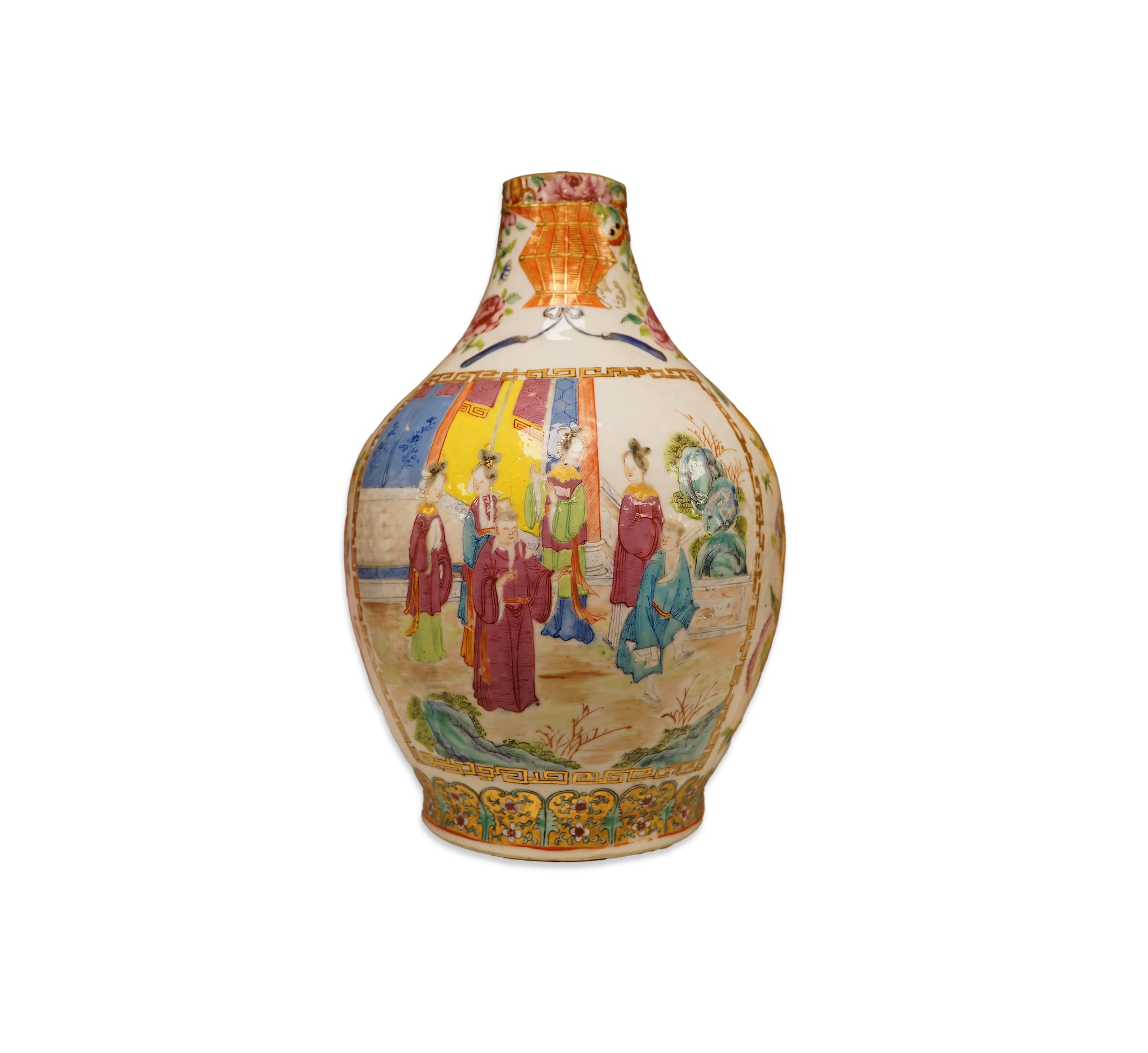 A 19th century Chinese famile rose vase, with an altered neck, 25cm high